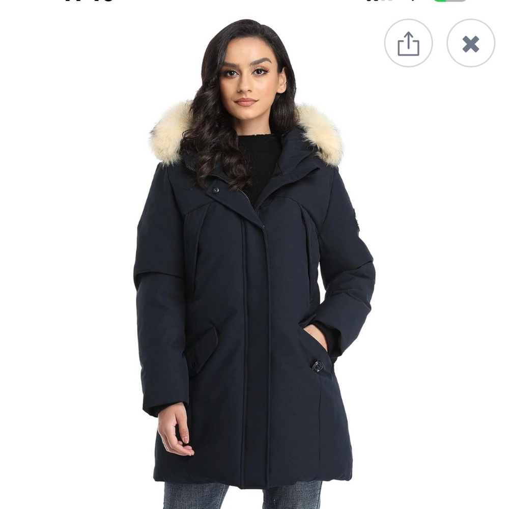 PUREMSX Women's Winter Puffer Down Parka Jacket Insulated Fur Hood Navy Small